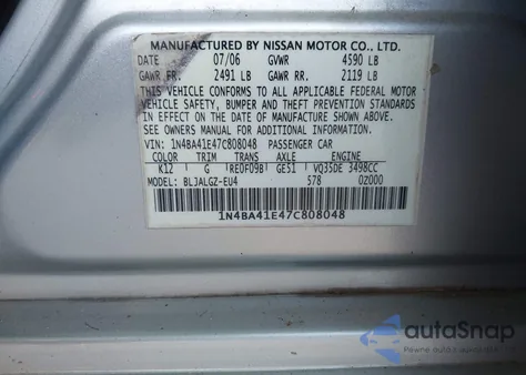 2007 Nissan Maxima 3.5 Sl из США, поврежденный, VIN 1N4BA41E47C808048